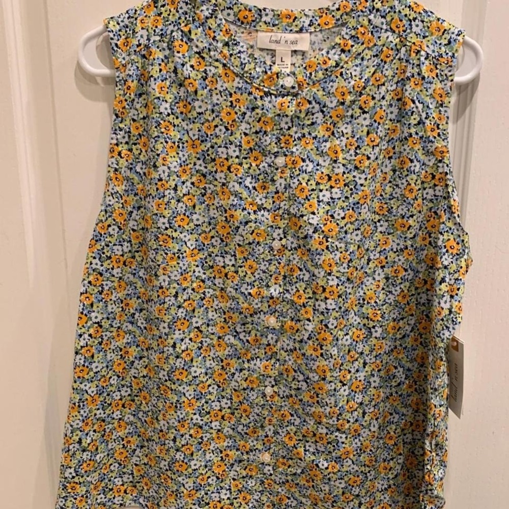 Land N' Sea Floral Sleeveless Shirt and Skirt Set Linen/Rayon Sz L - Picture 2 of 7